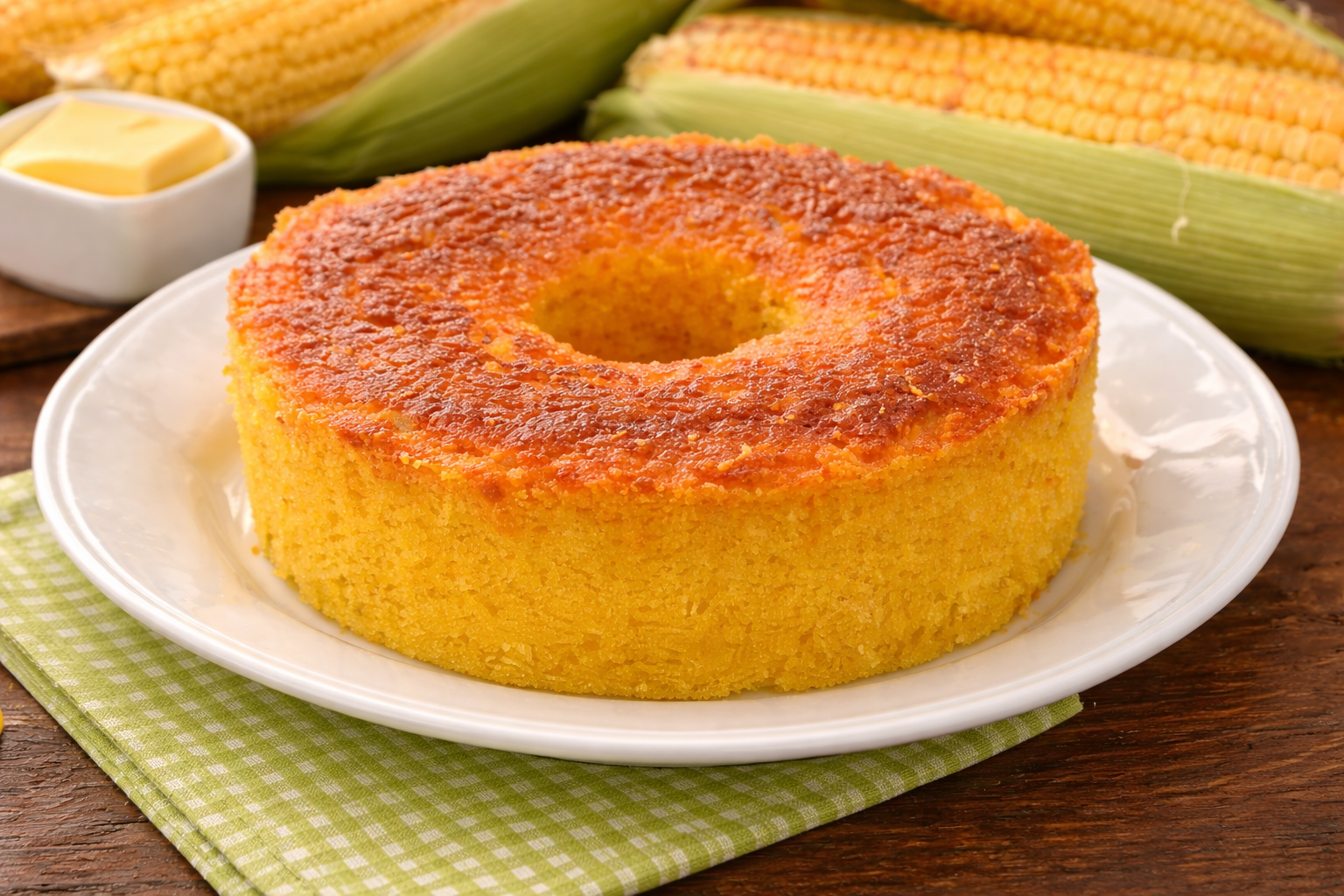 Bolo de milho dourado em prato branco com espigas de milho ao fundo