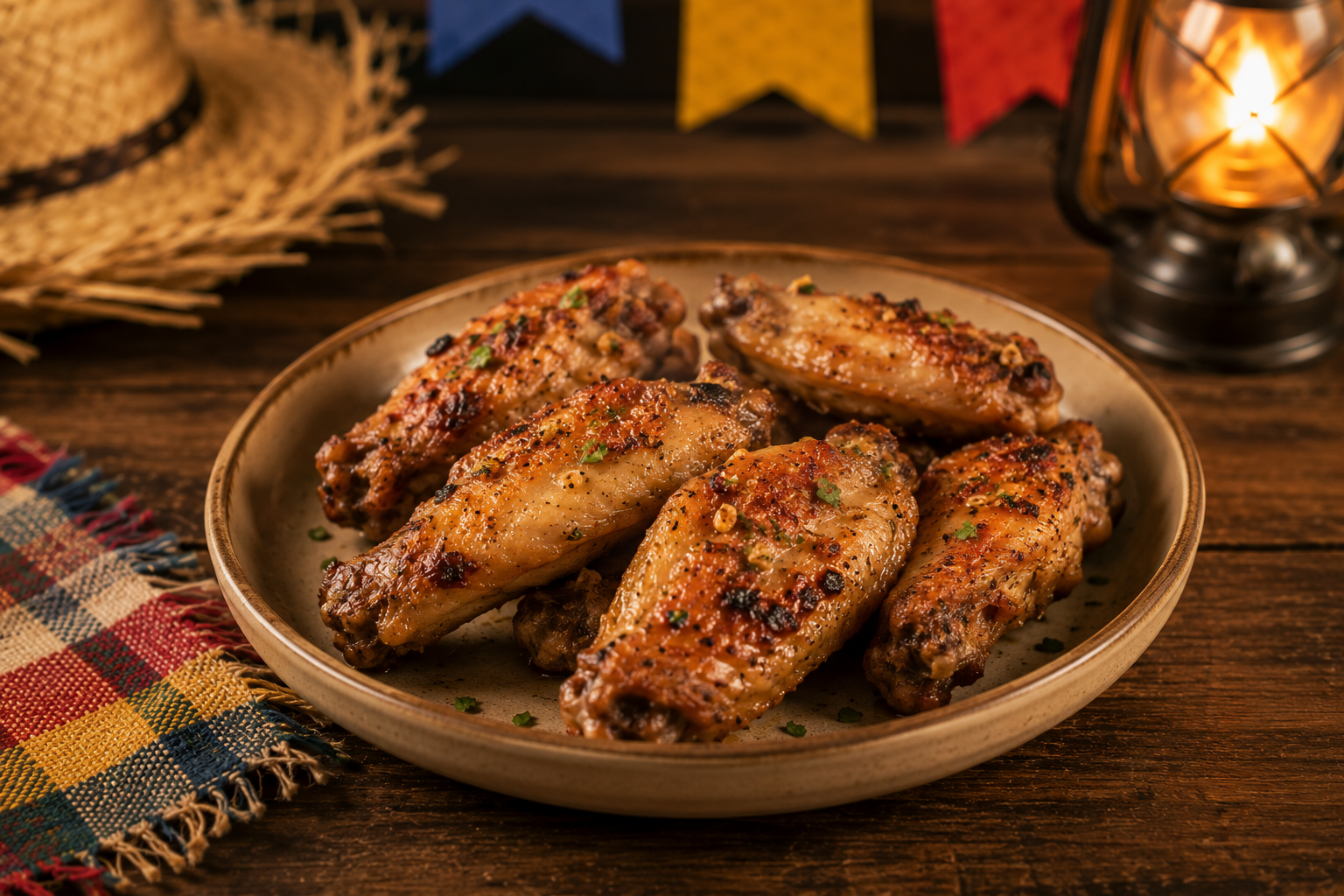 Prato rústico com asinhas de frango douradas e crocantes, temperadas com alho e ervas, em mesa com chapéu de palha, bandeirinhas e lampião juninos