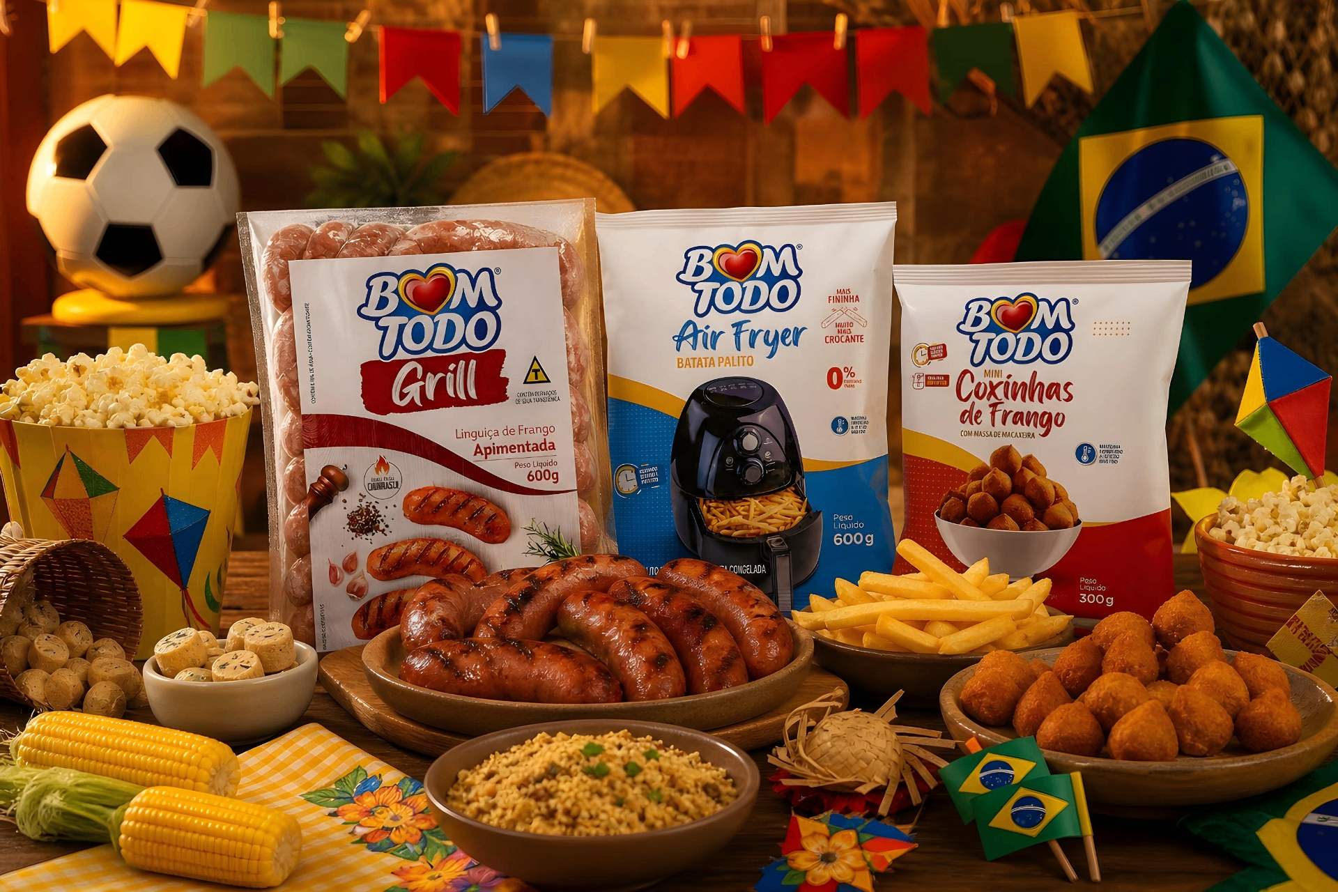 Mesa de festa junina com linguiça grelhada, batata palito, mini coxinhas de frango, pipoca, milho e produtos Bom Todo
