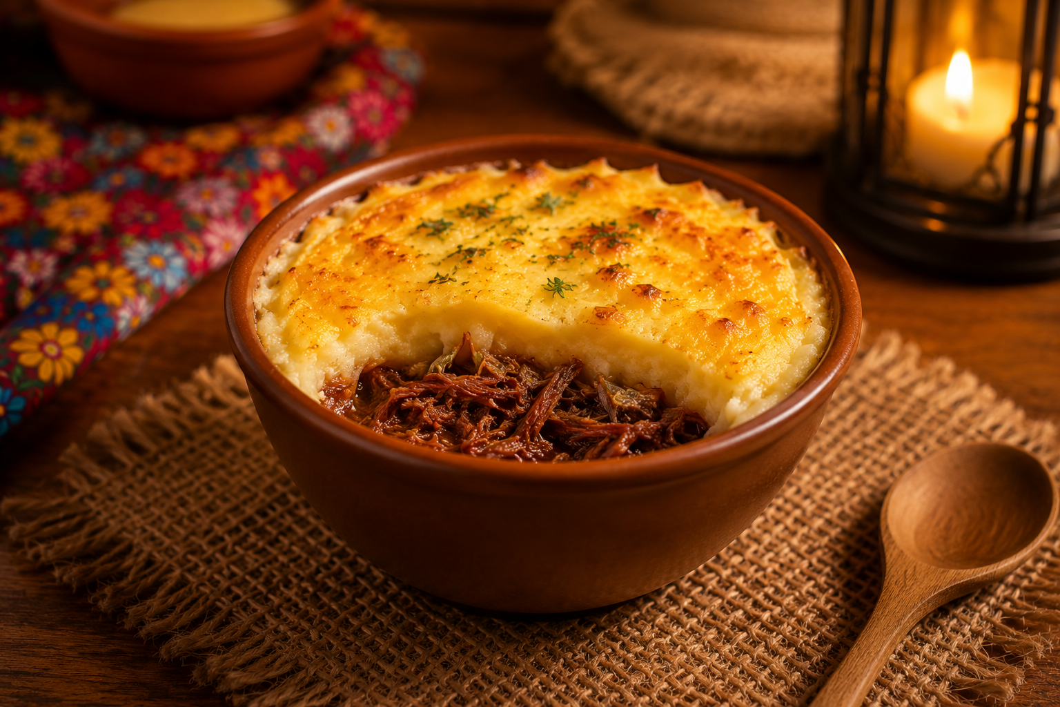 Escondidinho de macaxeira com carne de sol gratinado em tigela de barro com decoração junina